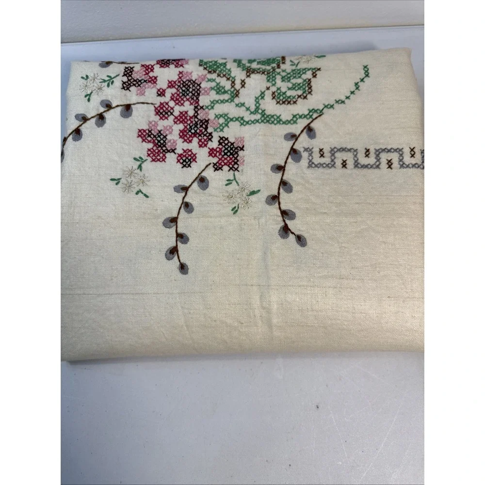 VTG Linen Hand Embroidered Cross Stitch Tablecloth Floral 54x68